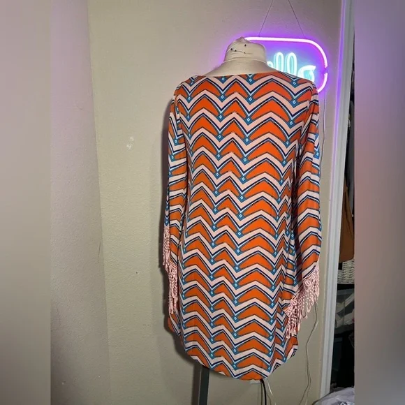 Umgee - orange and blue pattern dress with long sleeve - Picture 6 of 6